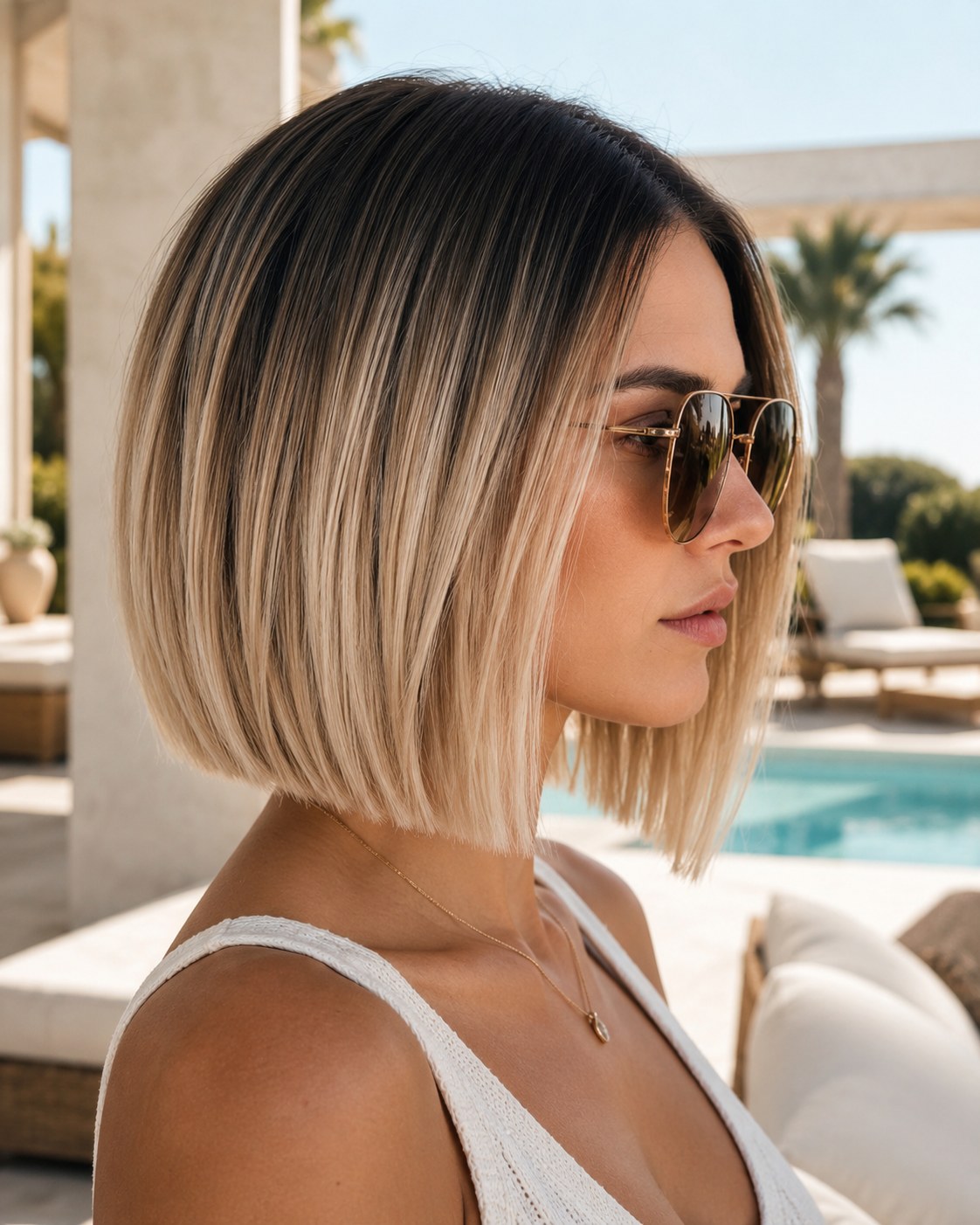 Ombre Bob mittellang mit dunklem Ansatz und blonden Längen im Profil