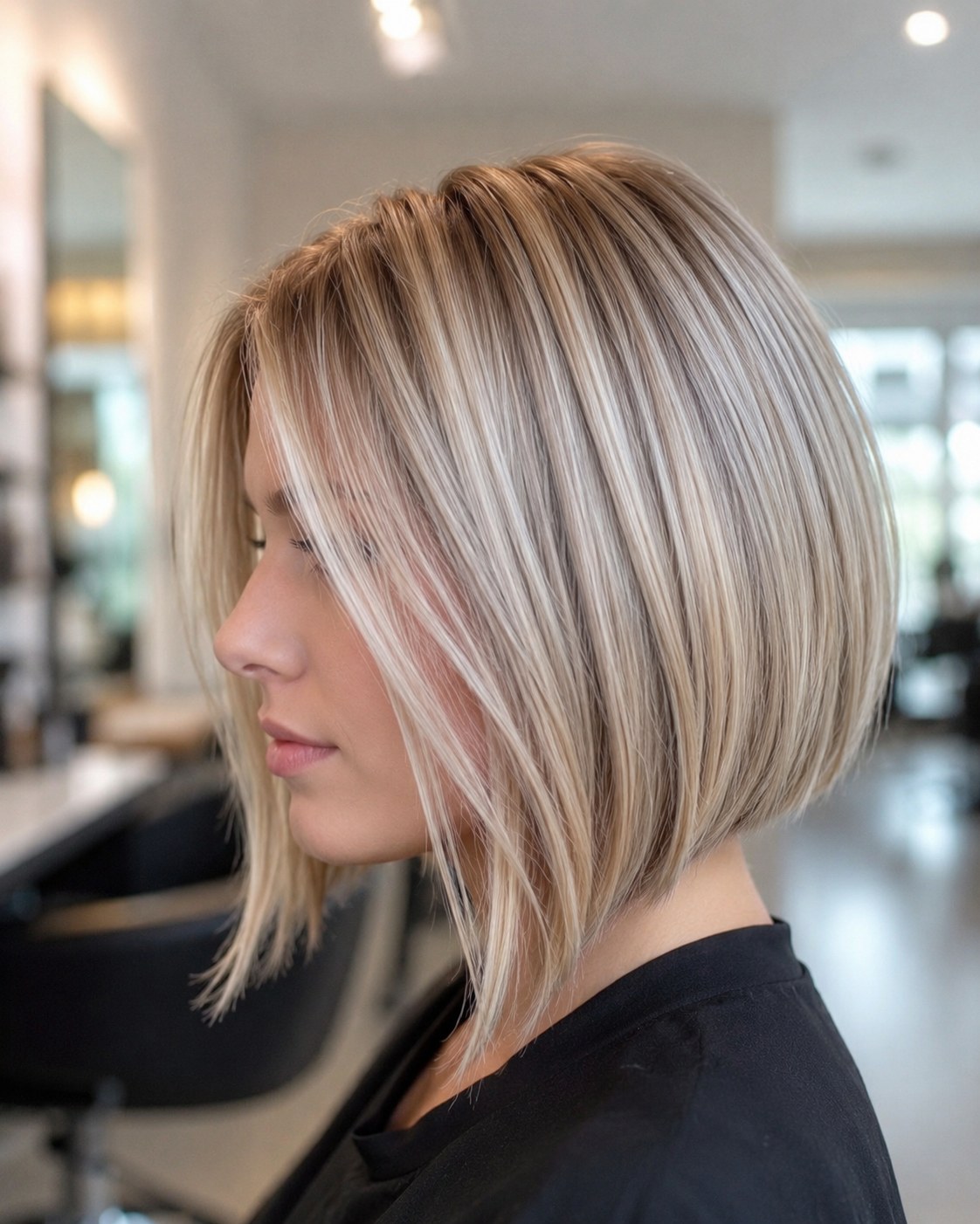 A-Line Bob mittellang im Profil mit längeren Vorderpartien und blonder Balayage