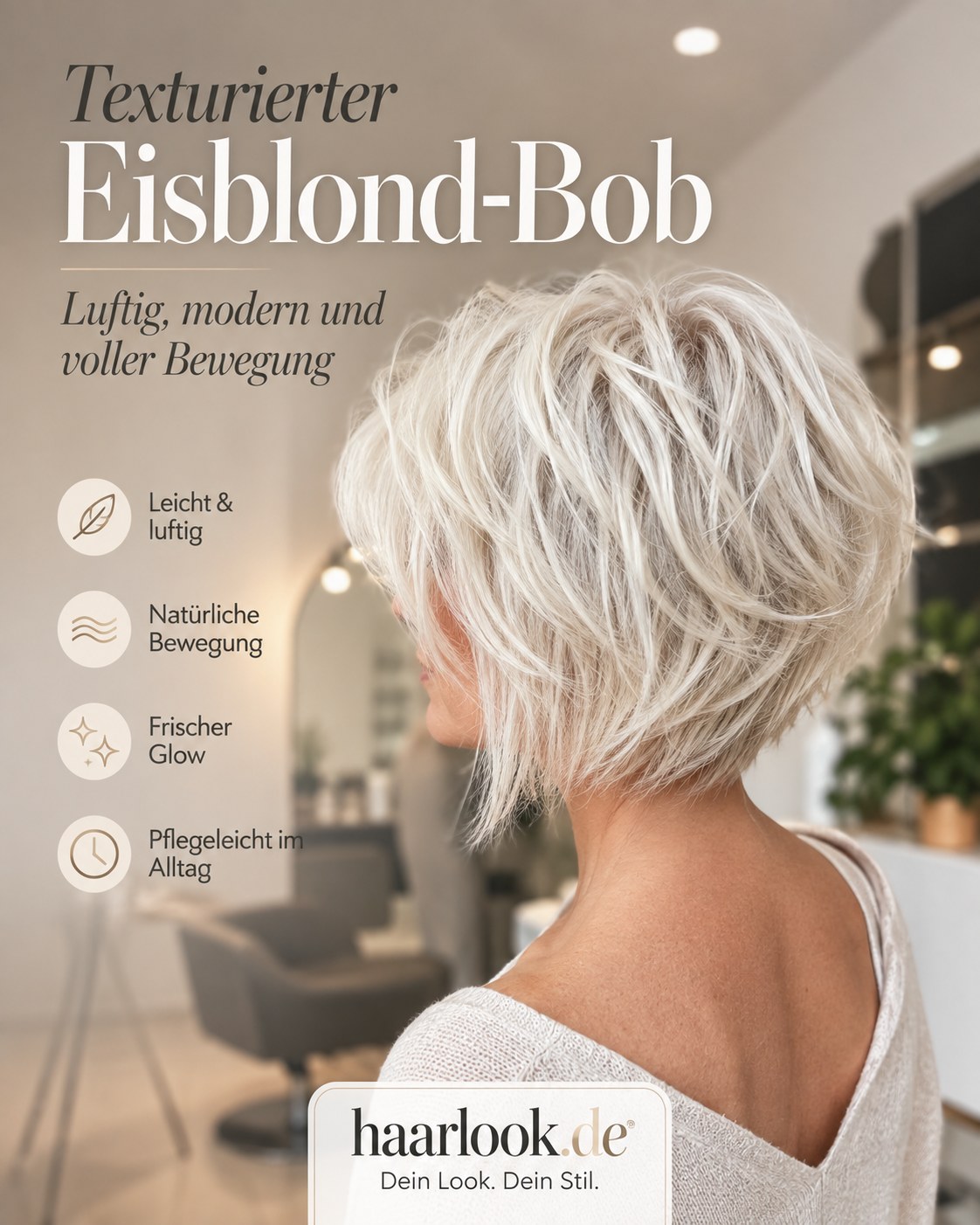 Texturierter Eisblond-Bob mit luftiger Bewegung und frischem Glow