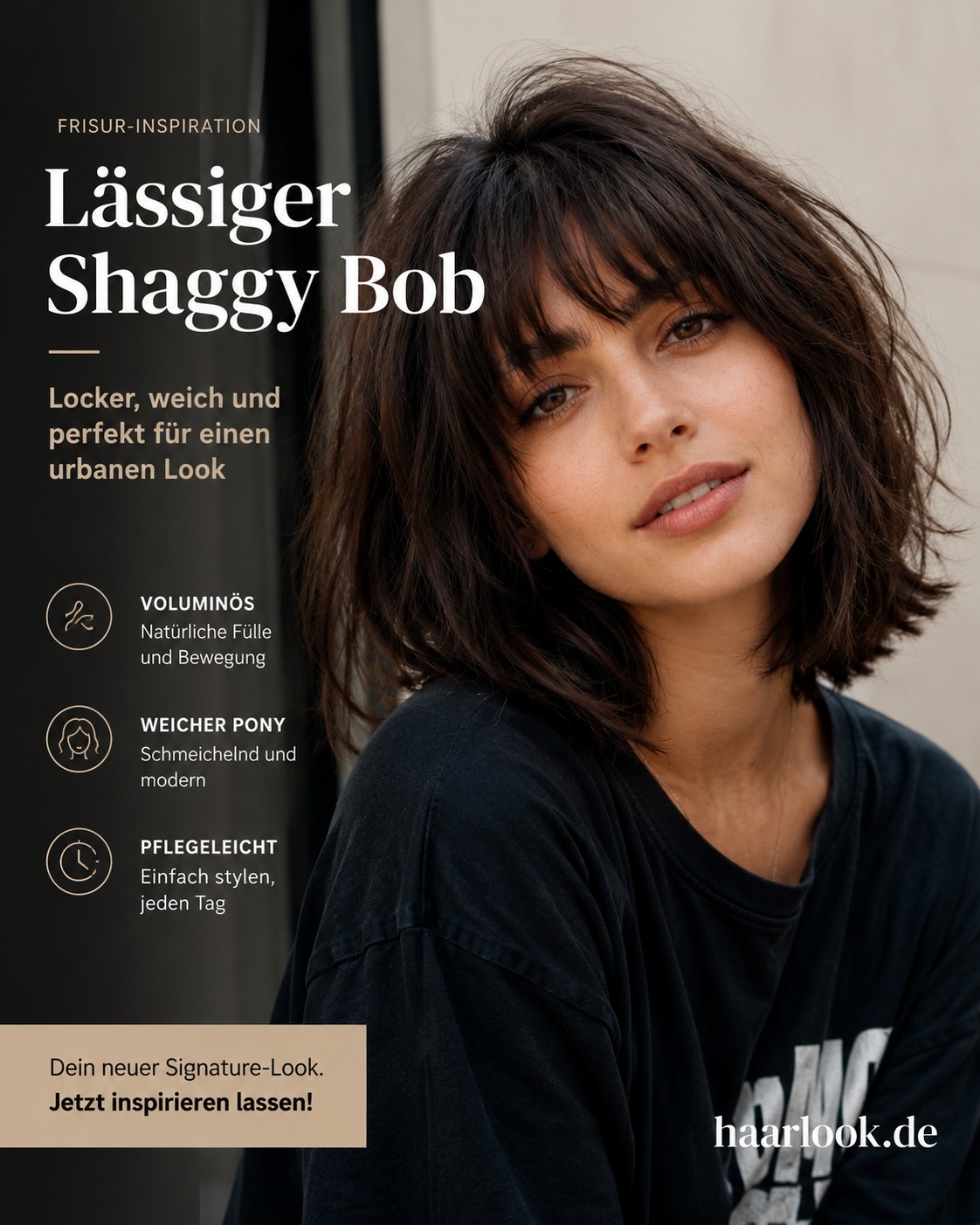 Lässiger Shaggy Bob mit weichem Pony für einen urbanen Alltagslook