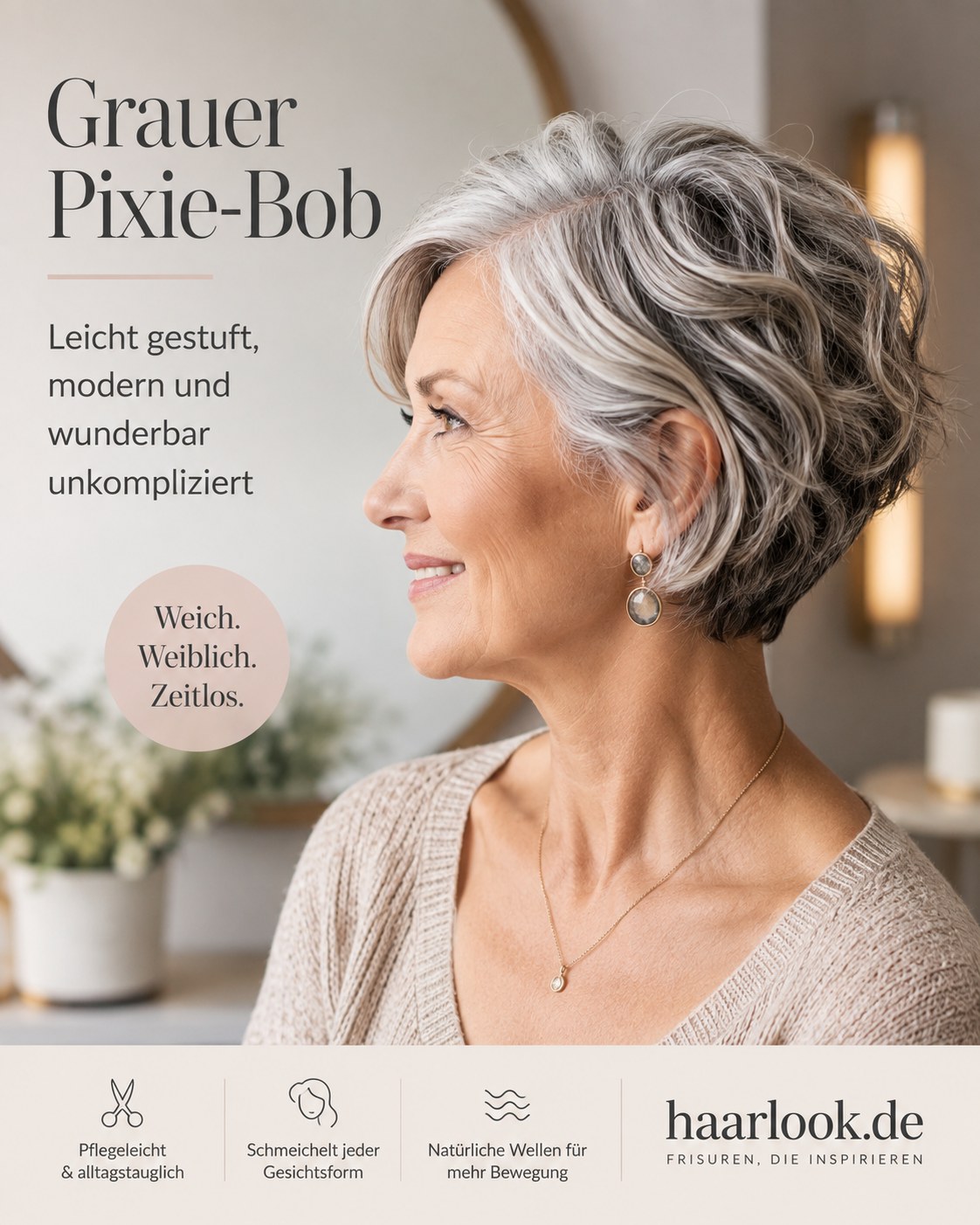 Grauer Pixie-Bob mit leichter Stufung als unkomplizierte Bob Frisur ab 50
