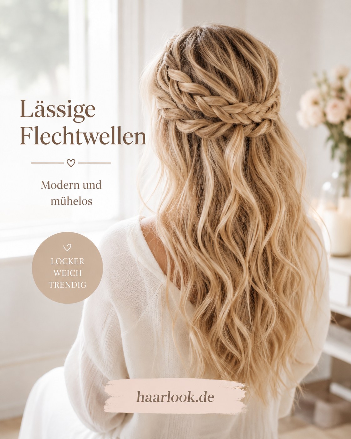 Lässige halboffene Brautfrisur mit breitem Flechtkranz über welligem Haar