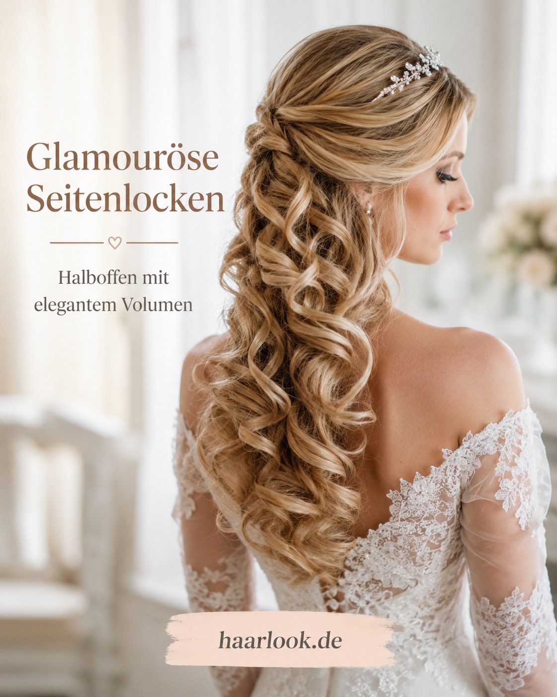 Halboffene Brautfrisur mit glamourösen, voluminösen Seitenlocken und feinem Diadem