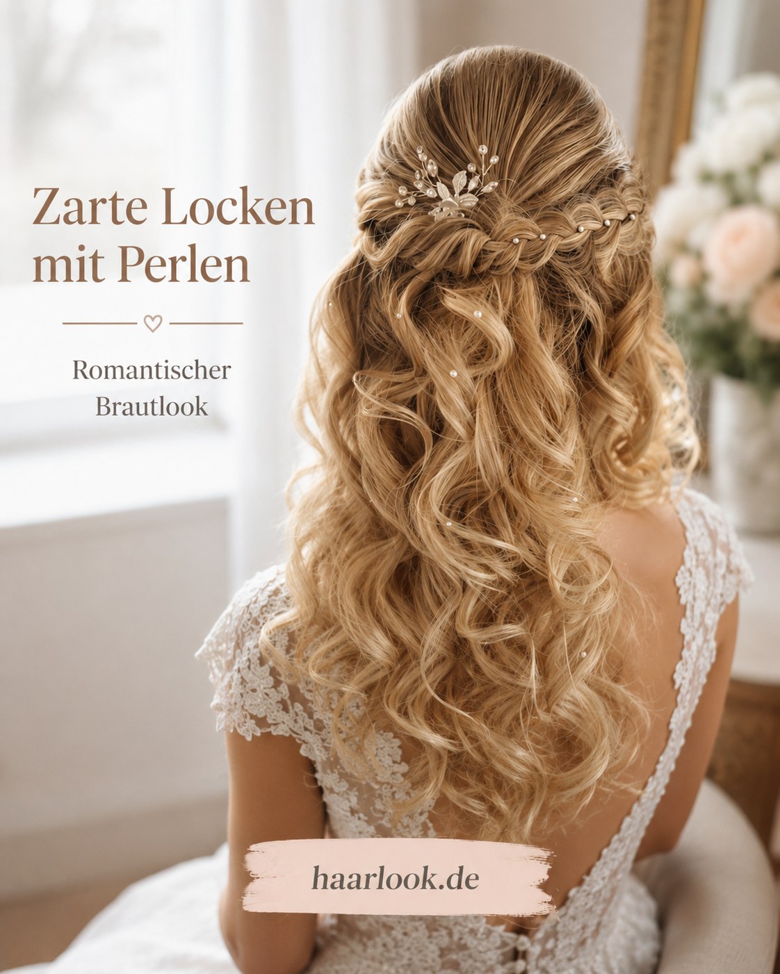 Zarte halboffene Brautfrisur mit Perlenhaarnadeln im seitlichen Zopf