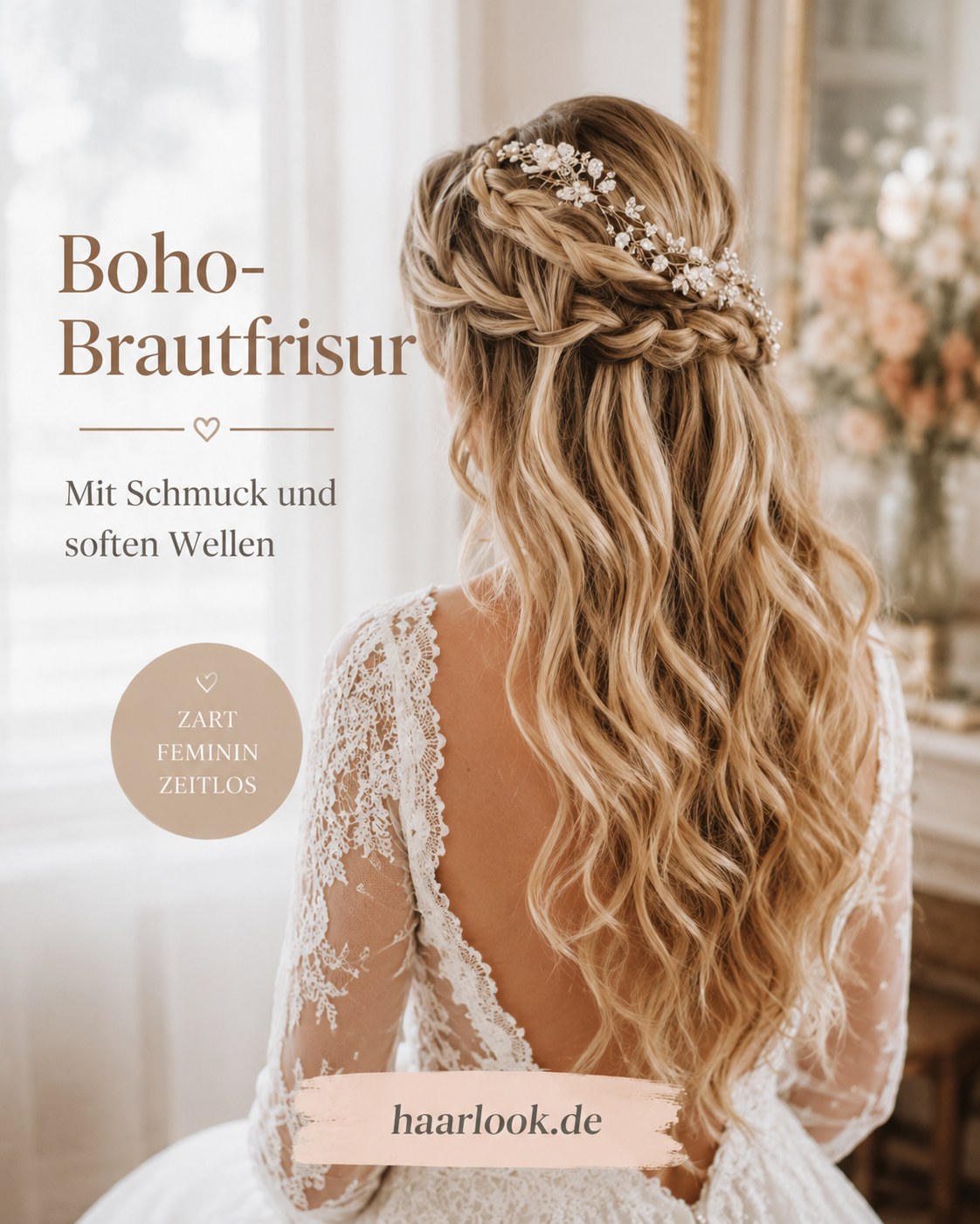 Boho-Brautfrisur halboffen mit filigranem Perlenschmuck im Flechtkranz