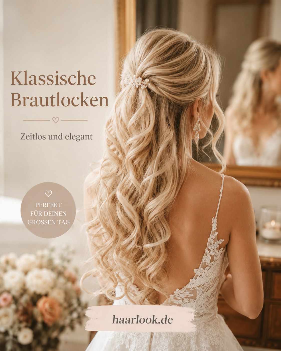Klassische halboffene Brautfrisur mit gedrehten Locken und Spange am Hinterkopf