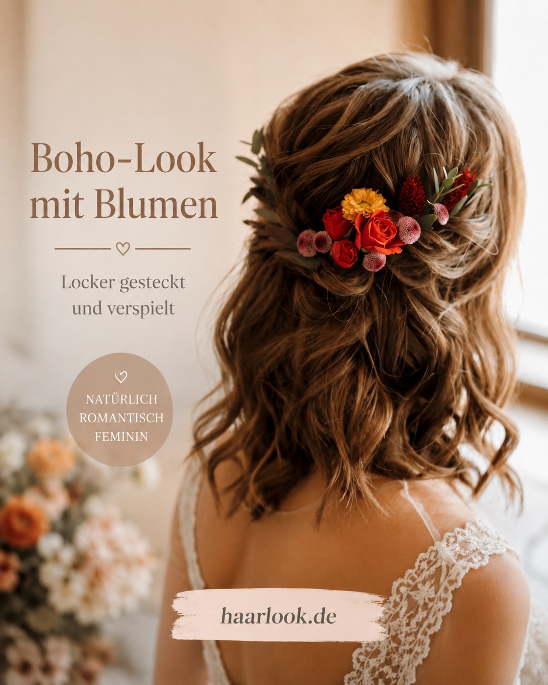 Halboffene Boho-Brautfrisur mit frischen Blumen locker ins Haar gesteckt