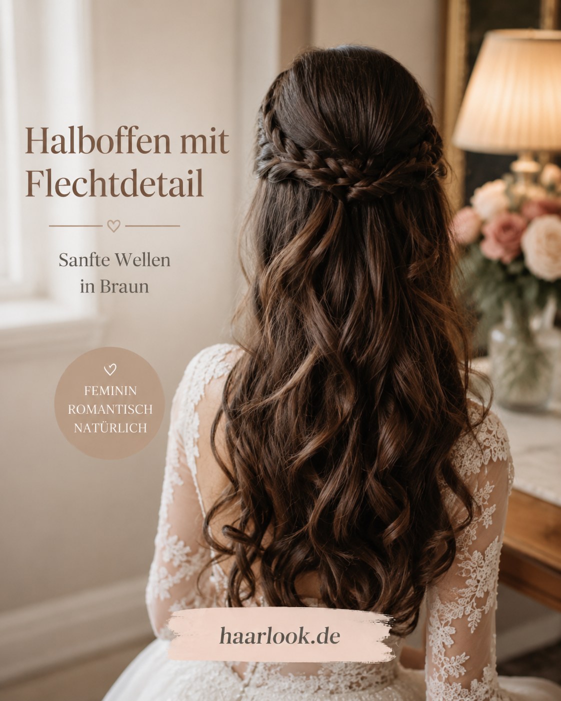Halboffene Brautfrisur mit Flechtdetail und sanften braunen Wellen im Rückenlauf