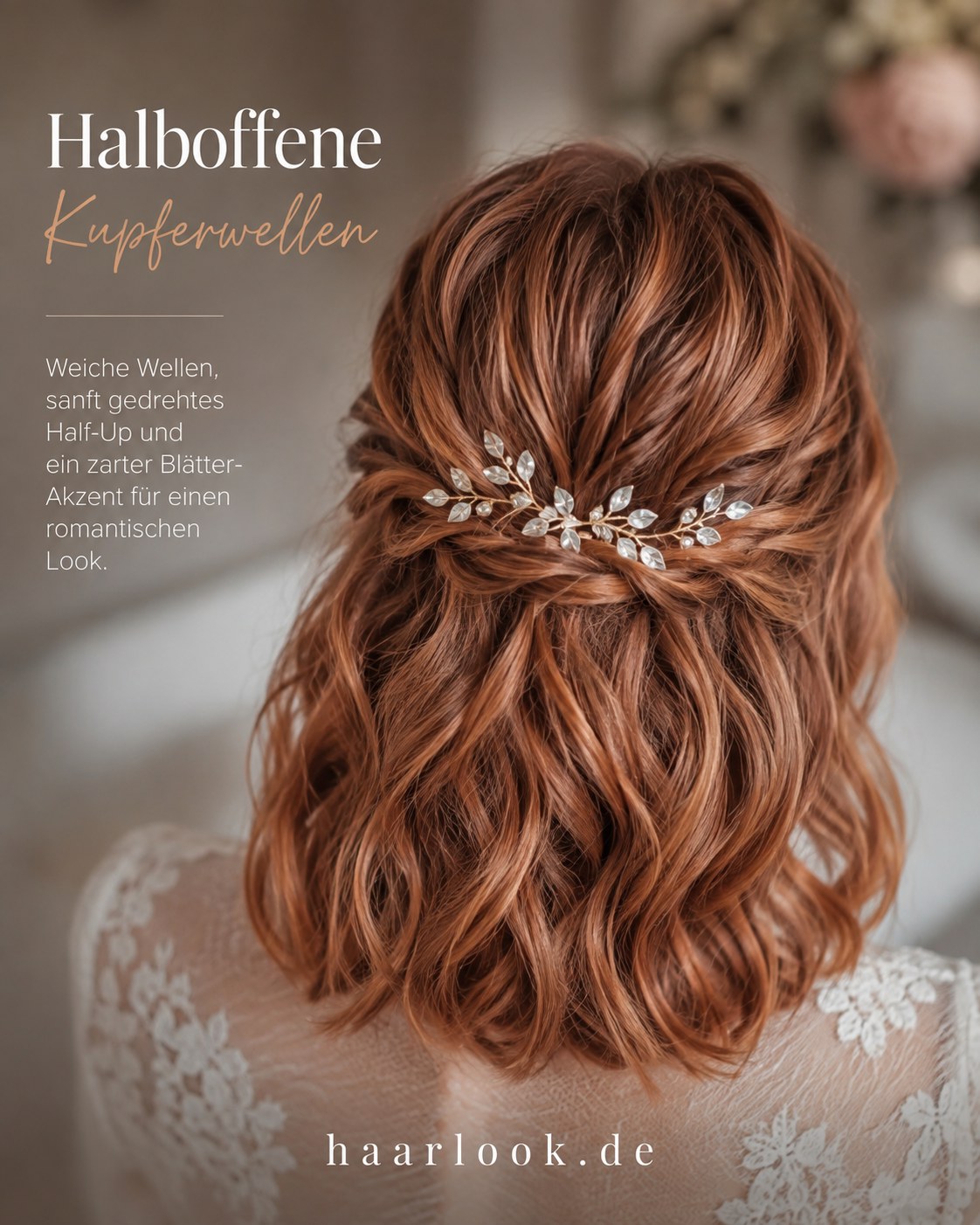 Halboffene Kupferwellen als Brautjungfern Frisur Locken mit Blätter-Haarschmuck
