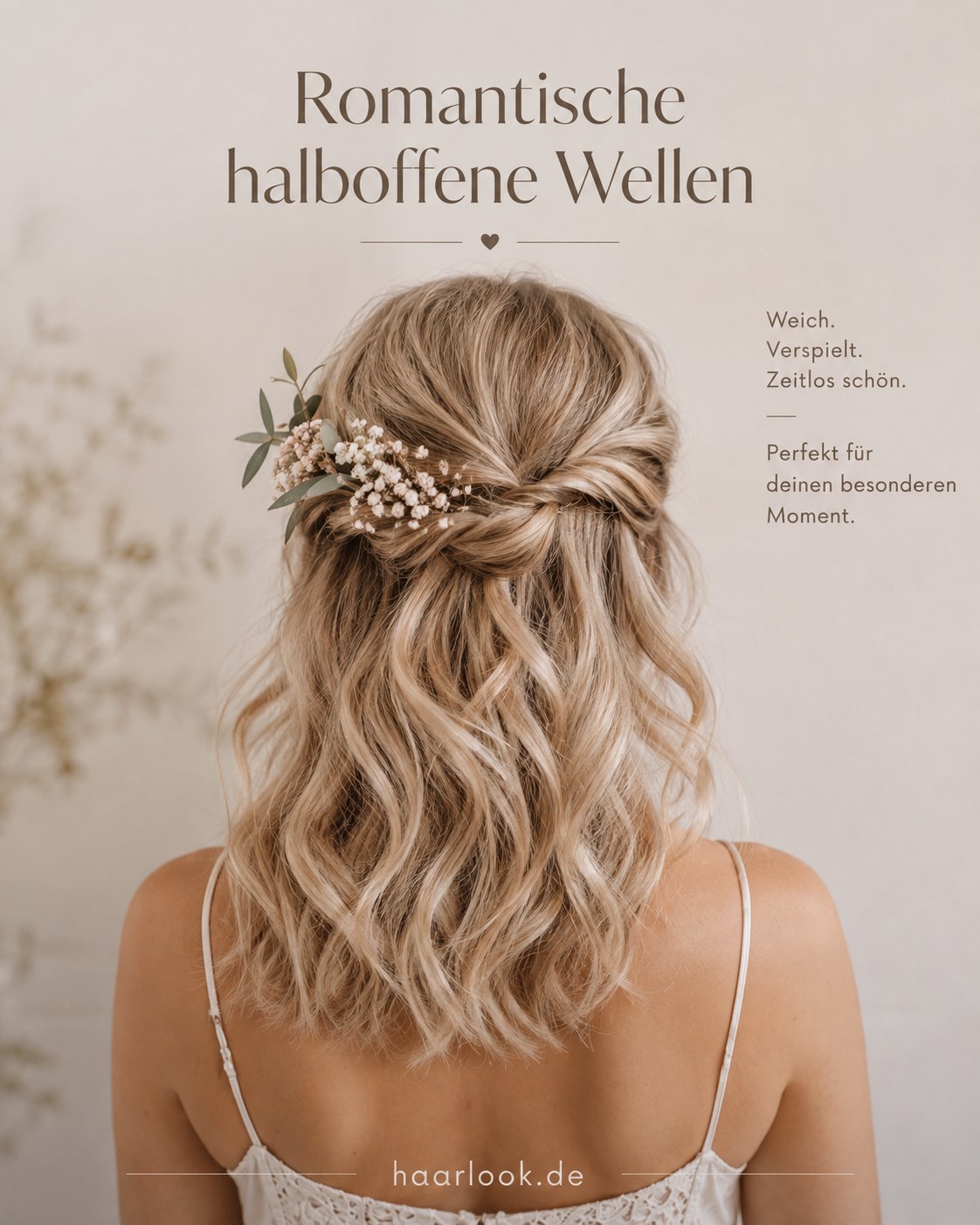 Romantische halboffene Brautjungfern Frisur Locken mit Blütenstecker im Ansatz