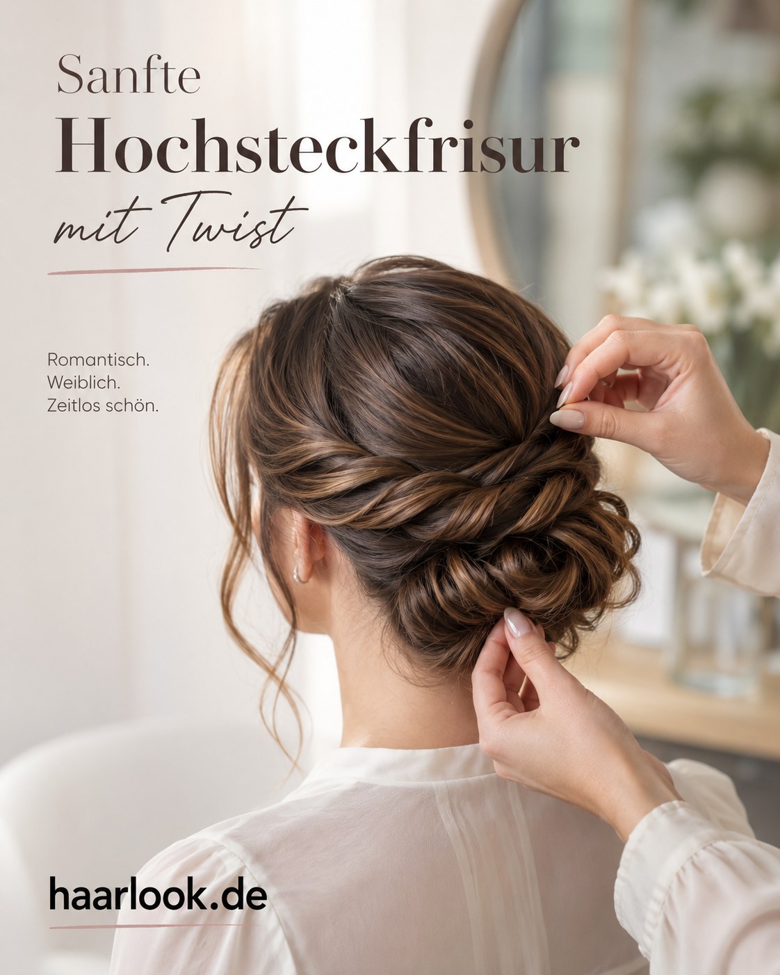 Sanfte Hochsteckfrisur mit Twist als Brautjungfern Frisur Locken im Aufbauprozess