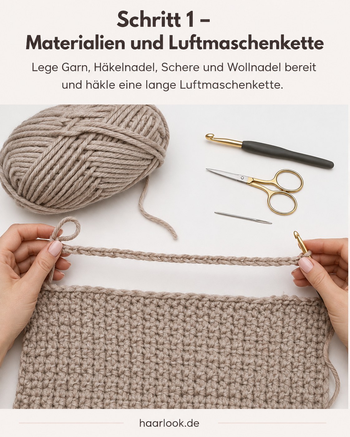 Hände häkeln die erste Luftmaschenkette für den Cardigan häkeln aus Rechteck mit beigem Garn und goldener Nadel