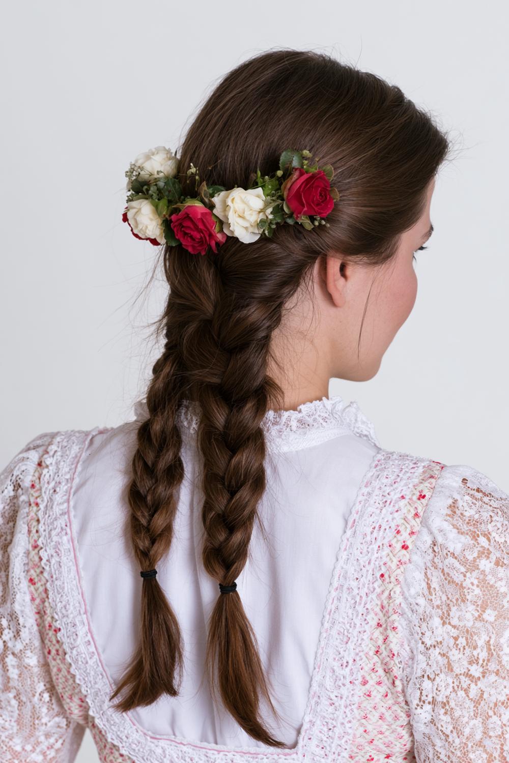 Doppelzöpfe mit Blütenschmuck