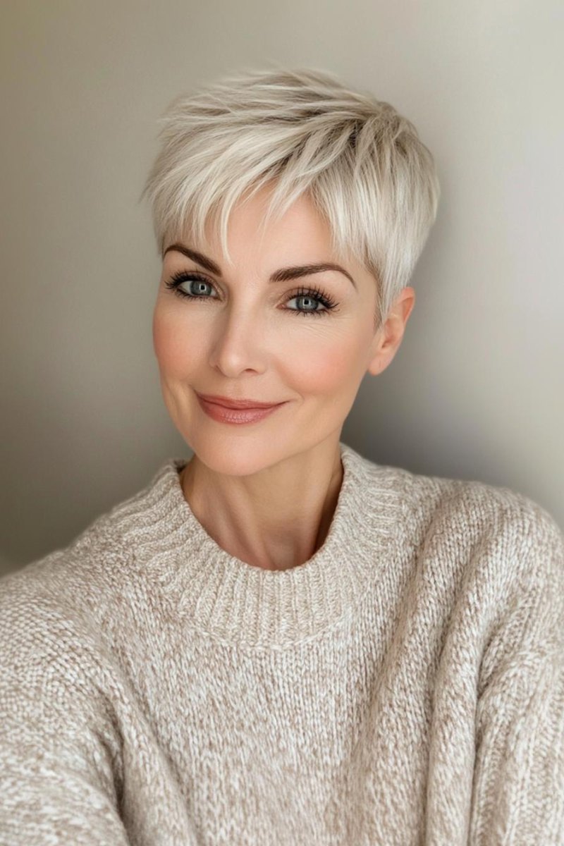 Platinblonder Pixie Cut Frau