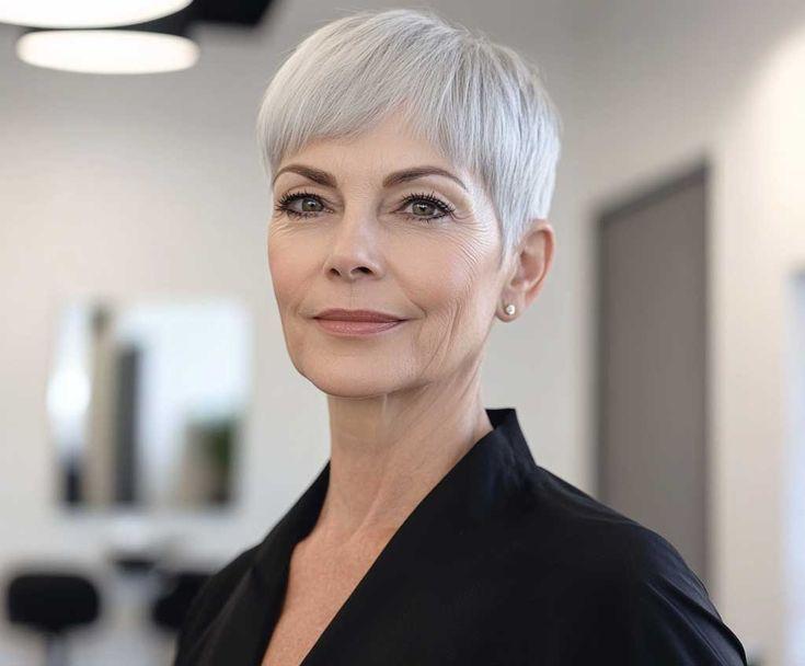 Silberblonder Pixie Cut Frau