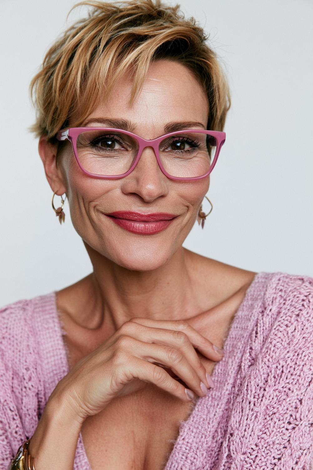 Kurzer Pixie mit rosafarbener Brille