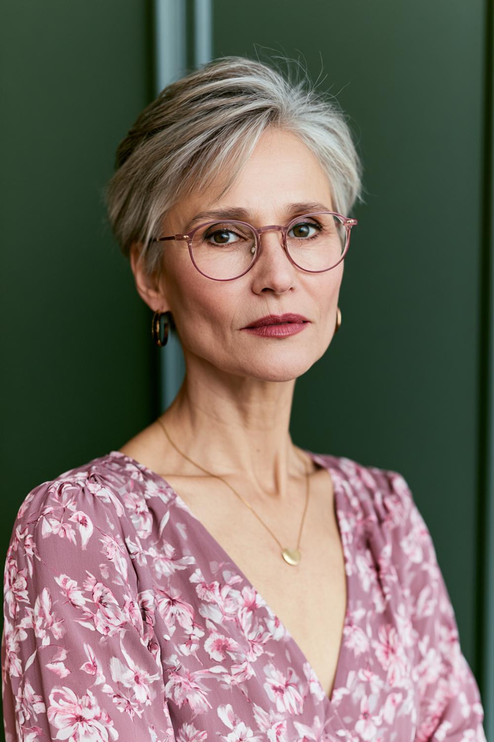 Eleganter Pixie mit rosafarbener Brille