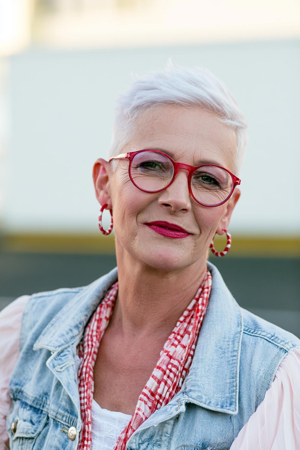 Platinblonder Kurzhaarschnitt mit Statement-Brille