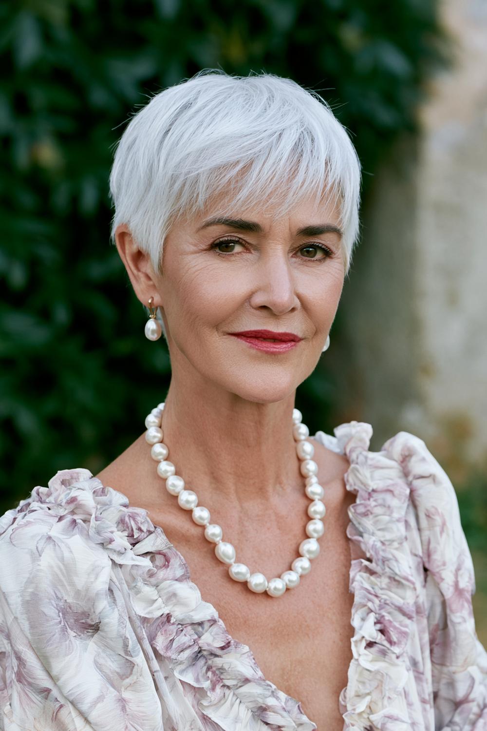Eleganter Pixie mit Perlenkette