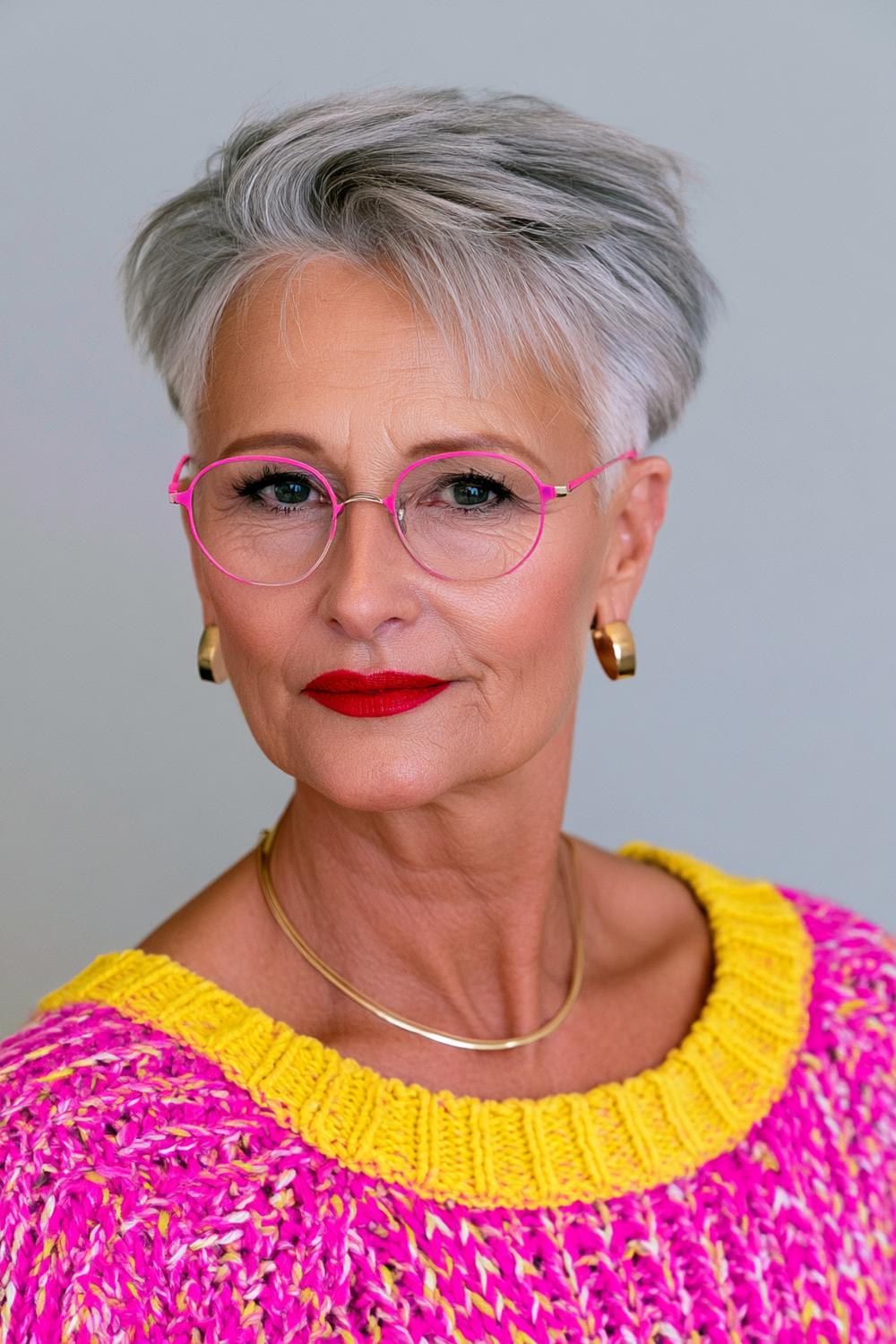 Voluminöse Tolle mit pinker Brille