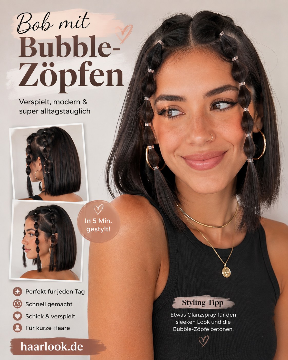 Bob mit verspielten Bubble-Zöpfen als schnelle Frisur für mittellanges Haar