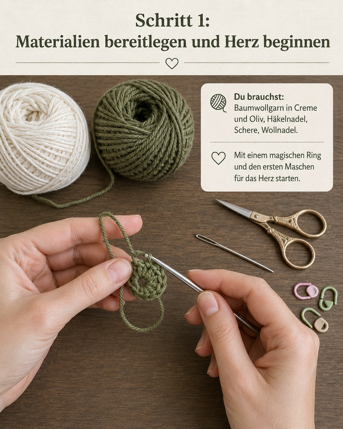 Hände beginnen mit olivgrünem Garn einen magischen Ring für die Granny Square Tasche mit Herzmotiv häkeln