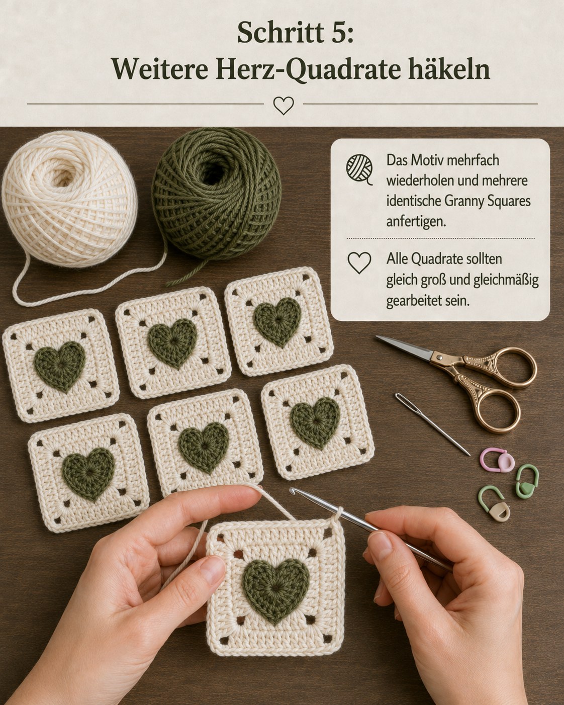 Sechs gleichmäßige Herz-Quadrate liegen aufgereiht für die Granny Square Tasche bereit