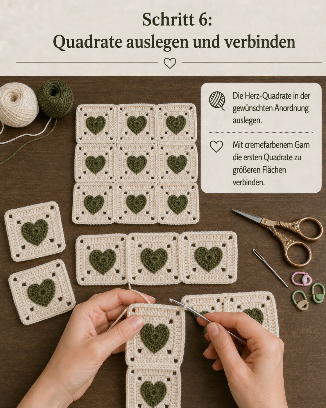 Mehrere Herz-Quadrate werden ausgelegt und mit cremefarbenem Garn zur Fläche verbunden
