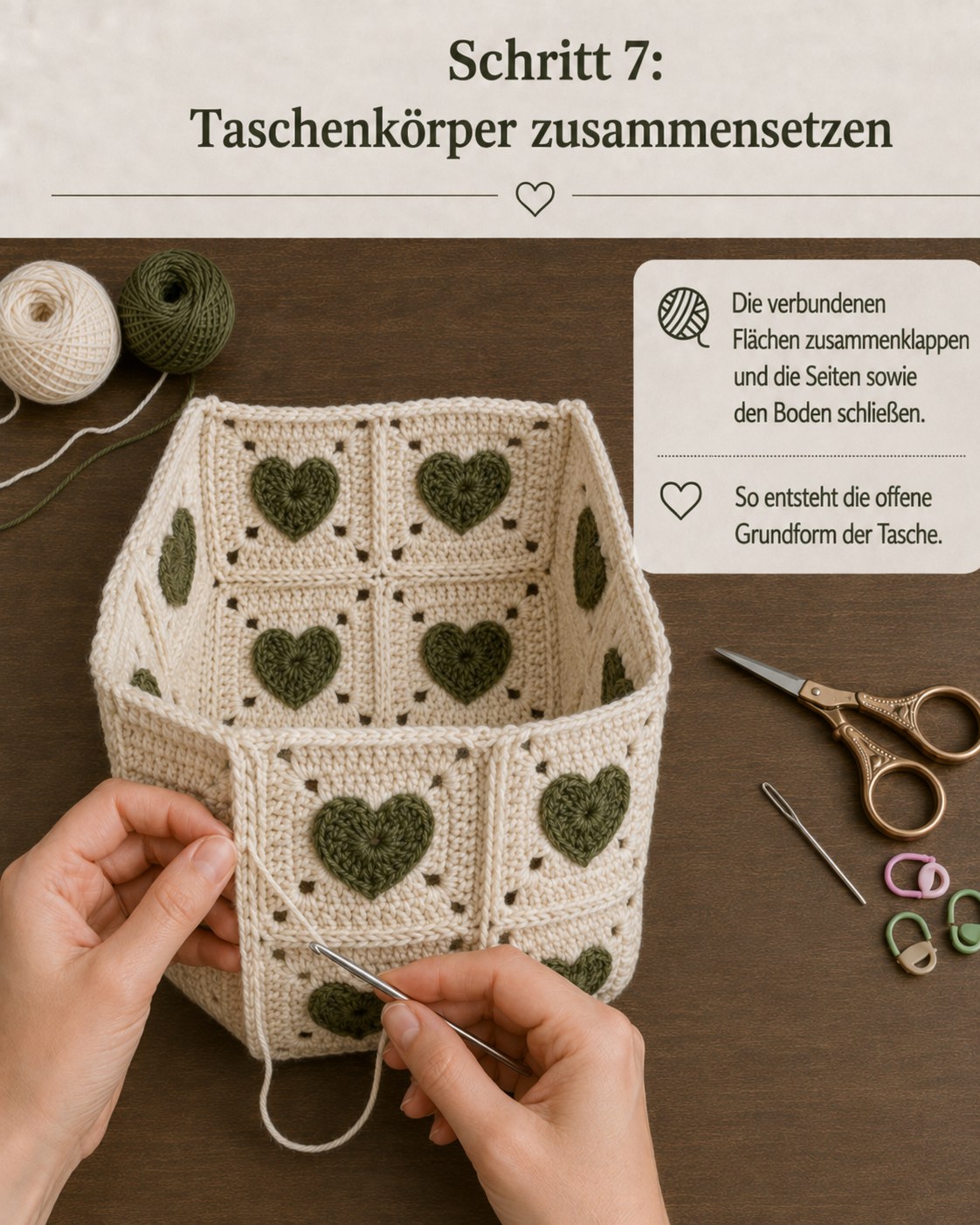 Die verbundenen Granny Squares werden zur offenen Grundform der Herztasche hochgeklappt