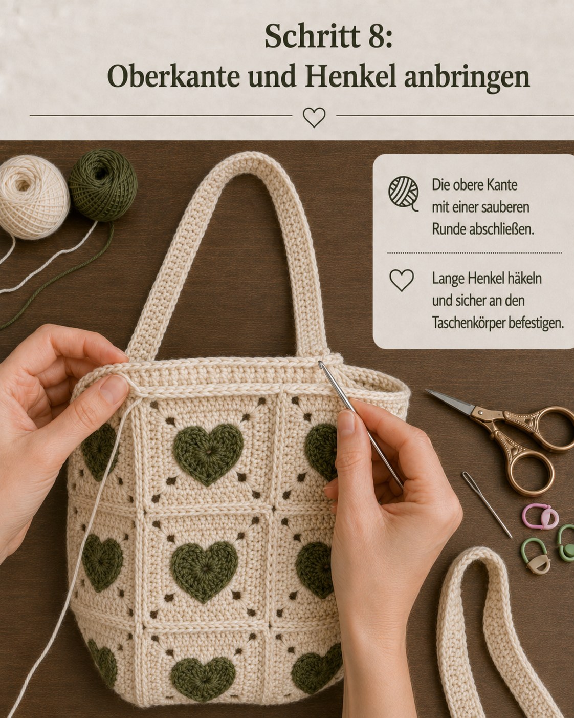 Lange Henkel werden gehäkelt und an der Granny Square Tasche mit Herzmotiv befestigt