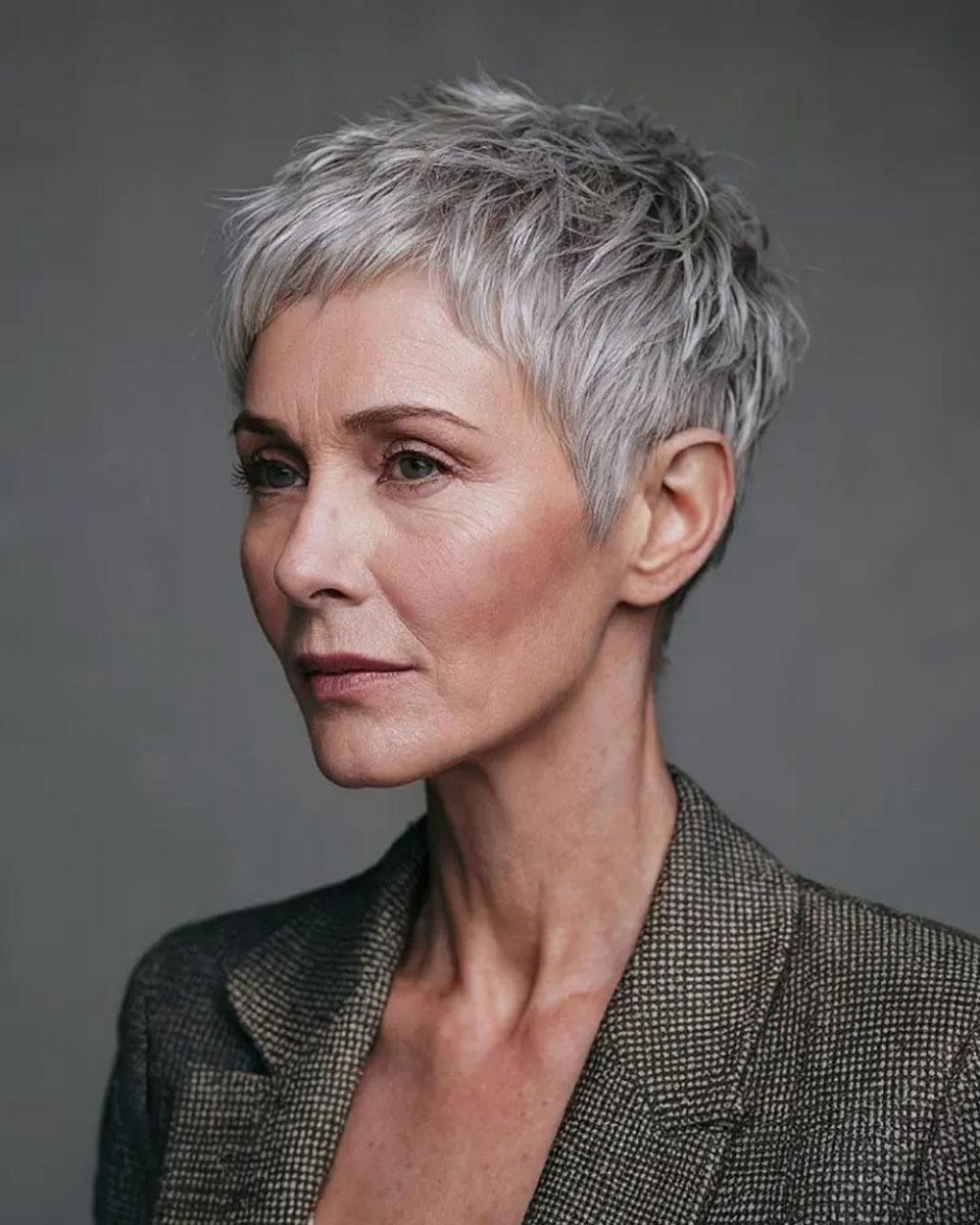Grauer Pixie Cut Frau