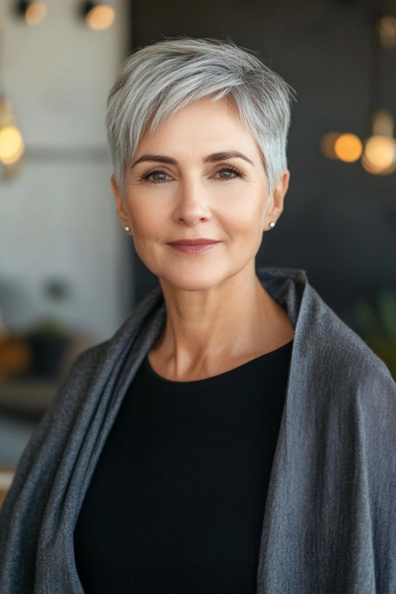 Grauer Pixie Cut Frau