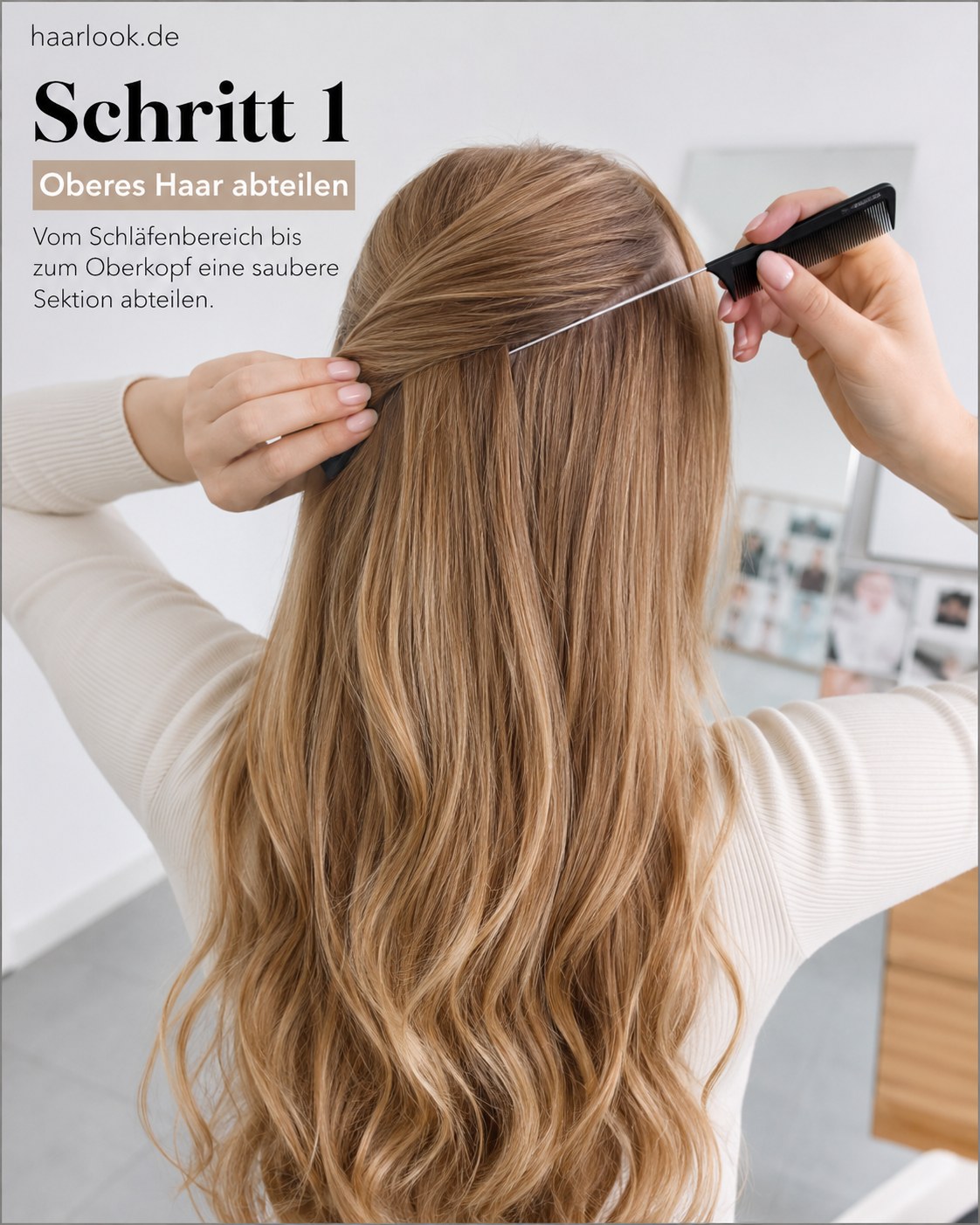 Kamm teilt obere Haarpartie sauber ab als erster Schritt der halboffenen Frisur mit Locken und Twist