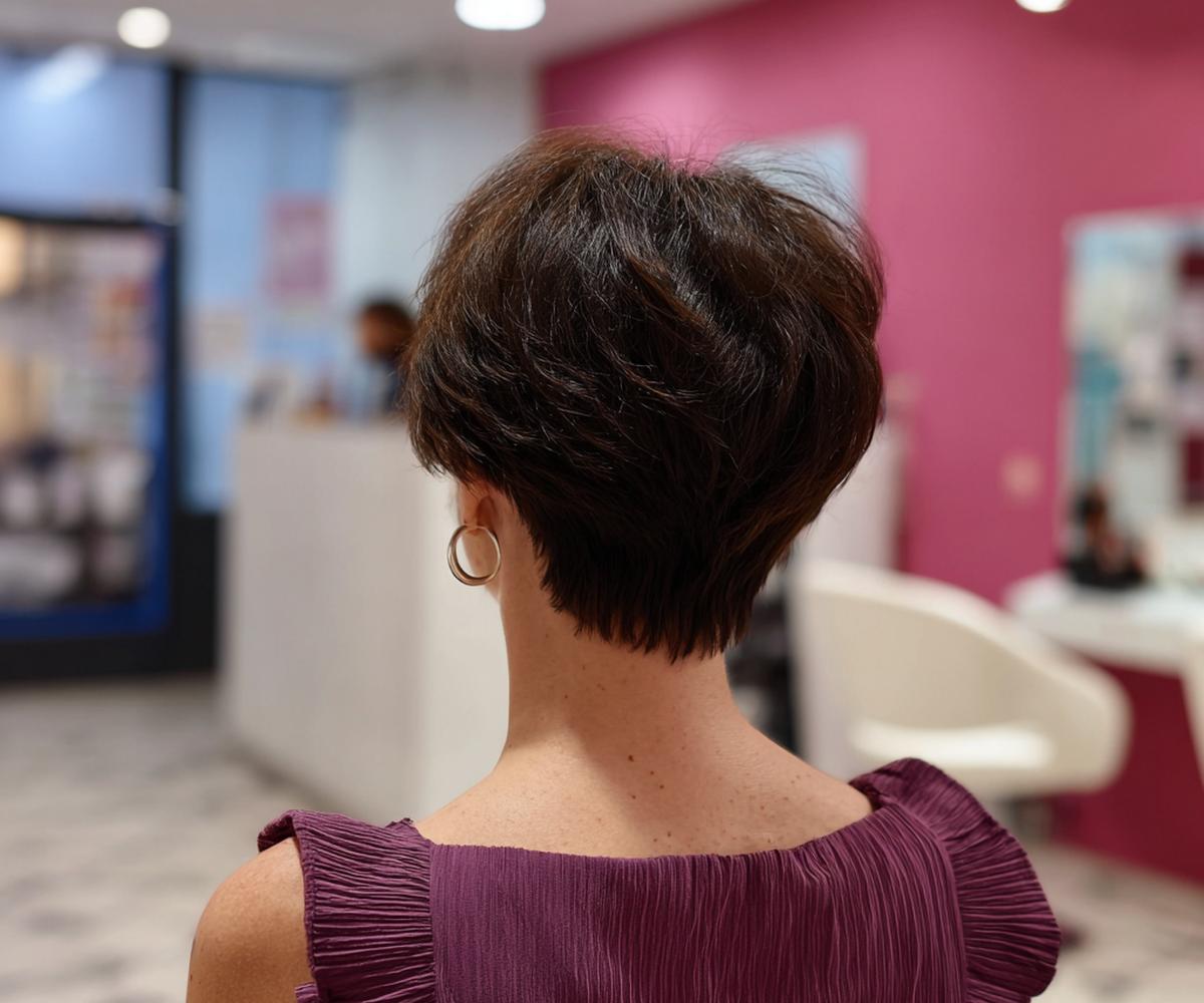 Dunkler Gestufter Kurzhaarschnitt Hinten