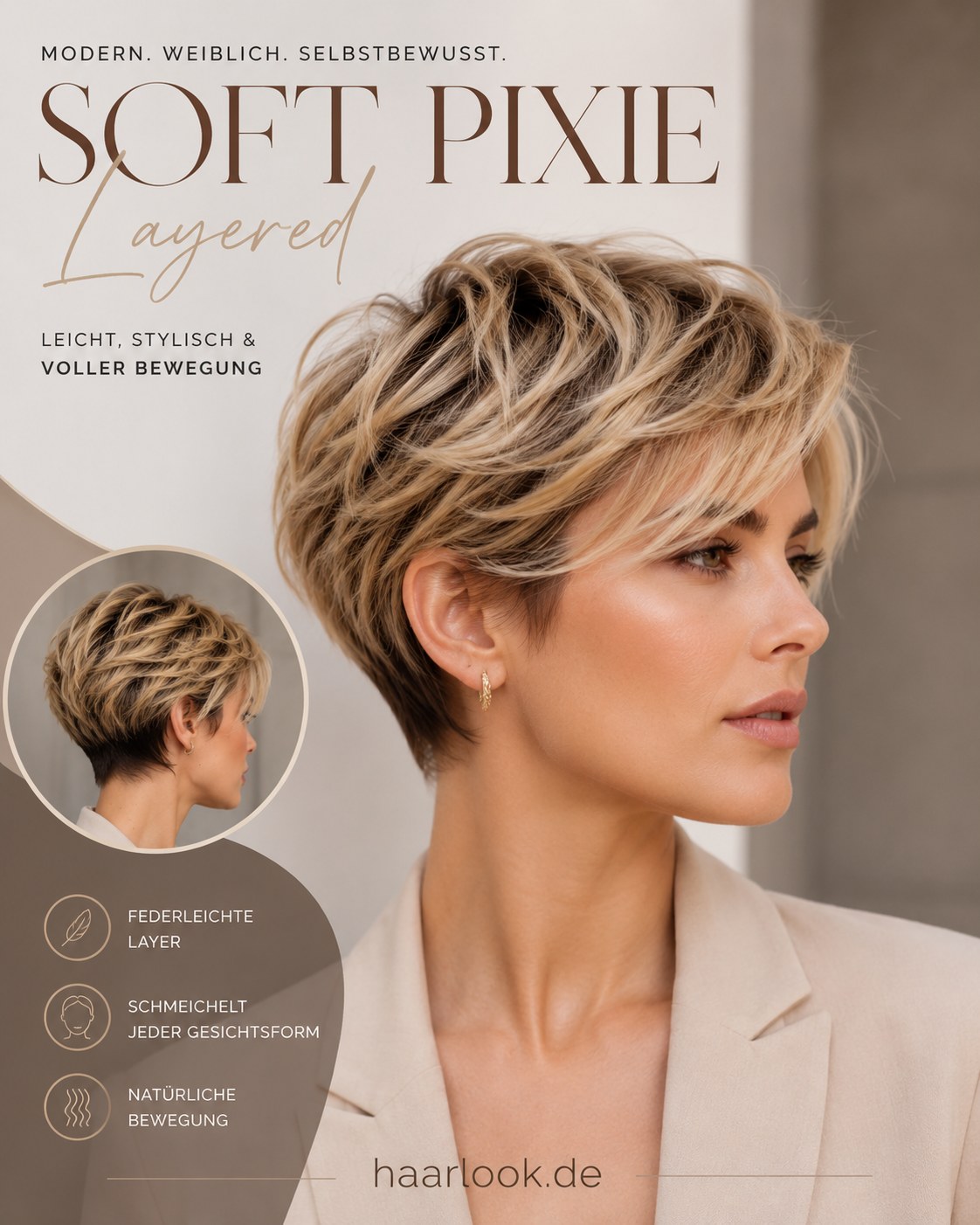 Soft Pixie Layered mit federleichten Layern illustriert eine schmeichelnde Kurzhaarfrisur für Frauen