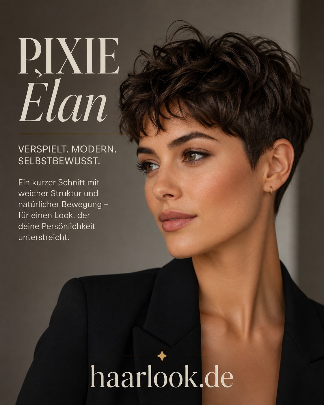 Pixie Élan mit dunkler Struktur präsentiert eine verspielte Kurzhaarfrisur für selbstbewusste Frauen