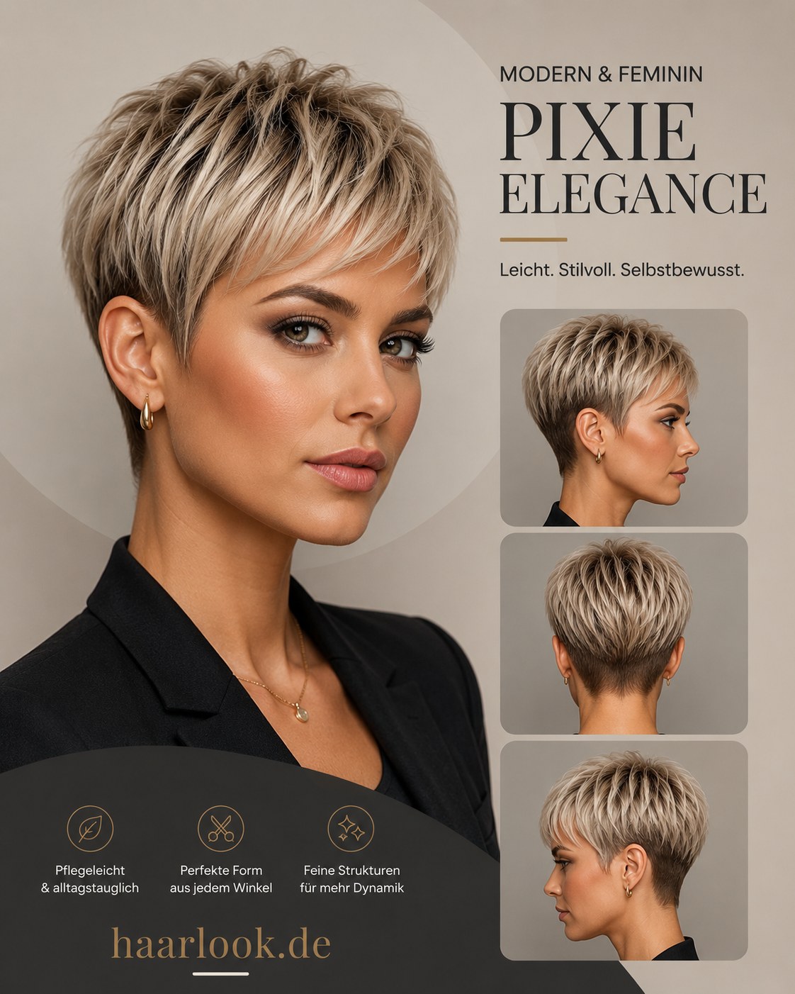 Pixie Elegance aus mehreren Blickwinkeln zeigt eine pflegeleichte Kurzhaarfrisur für Frauen