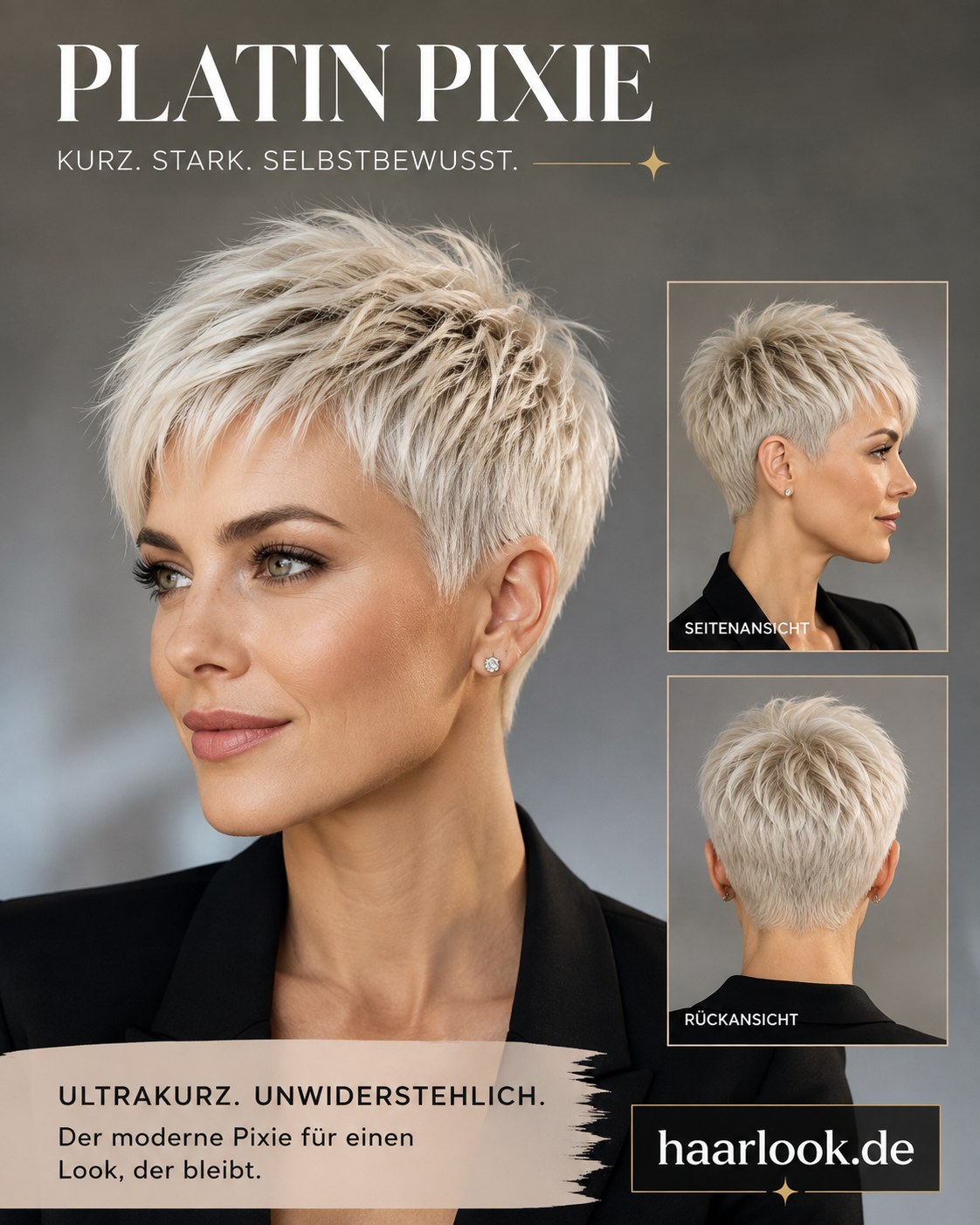 Platin Pixie in Seiten- und Rückansicht zeigt eine ultrakurze Kurzhaarfrisur für Frauen
