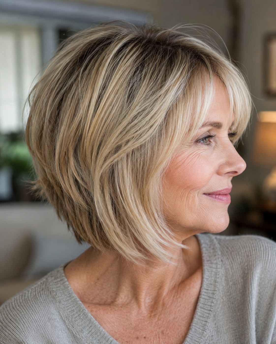 Kinnlanger Bob mit Seitenpony zeigt klassische Stufen einer Layered Bob Frisur ab 50
