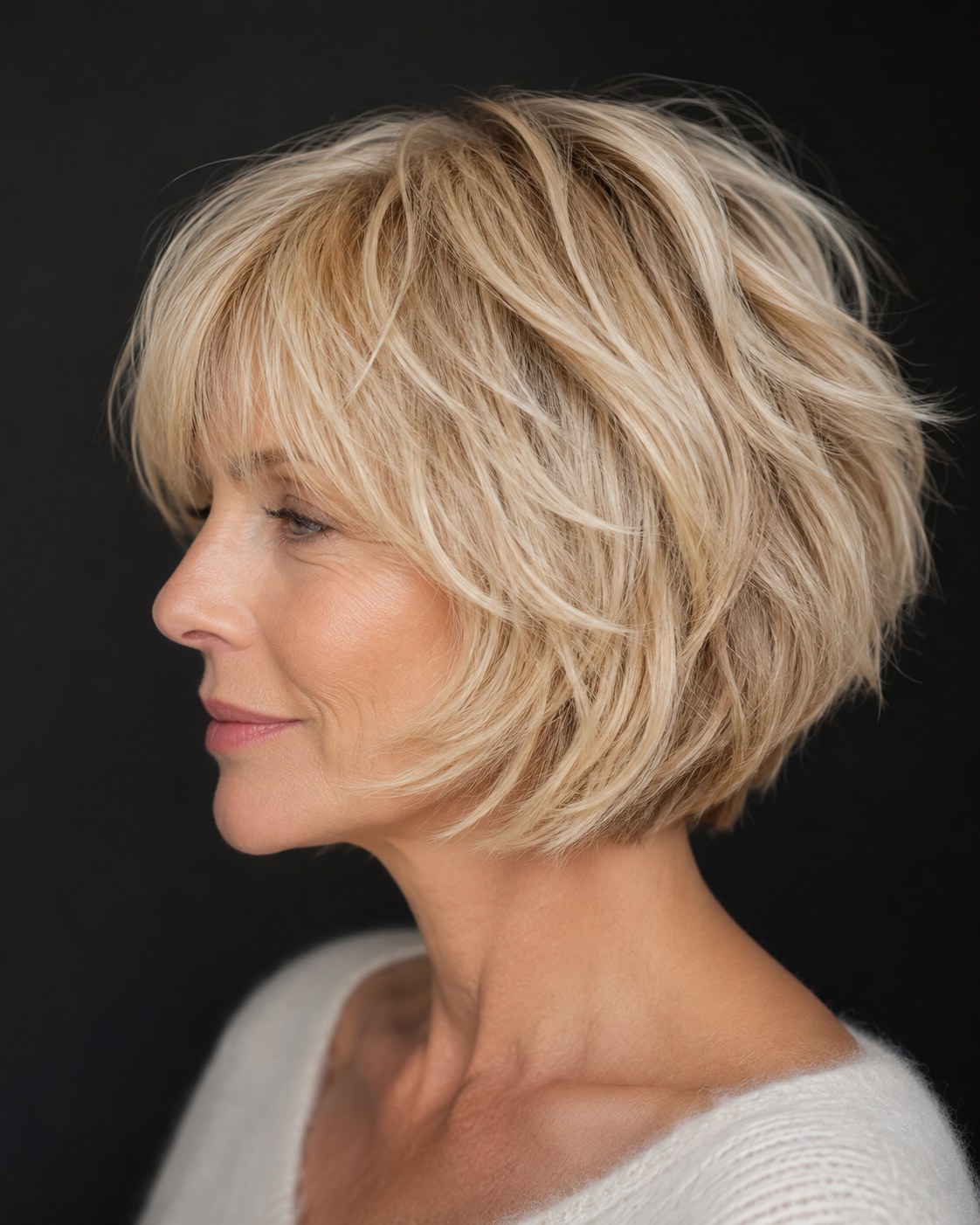 Shag-Bob mit maximaler Stufung zeigt eine texturierte Layered Bob Frisur ab 50