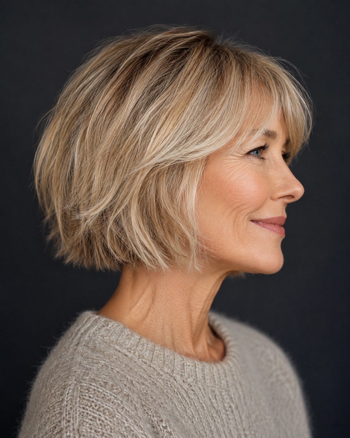 Runder Bob mit Pony zeigt die weiche Konturlinie einer Layered Bob Frisur ab 50