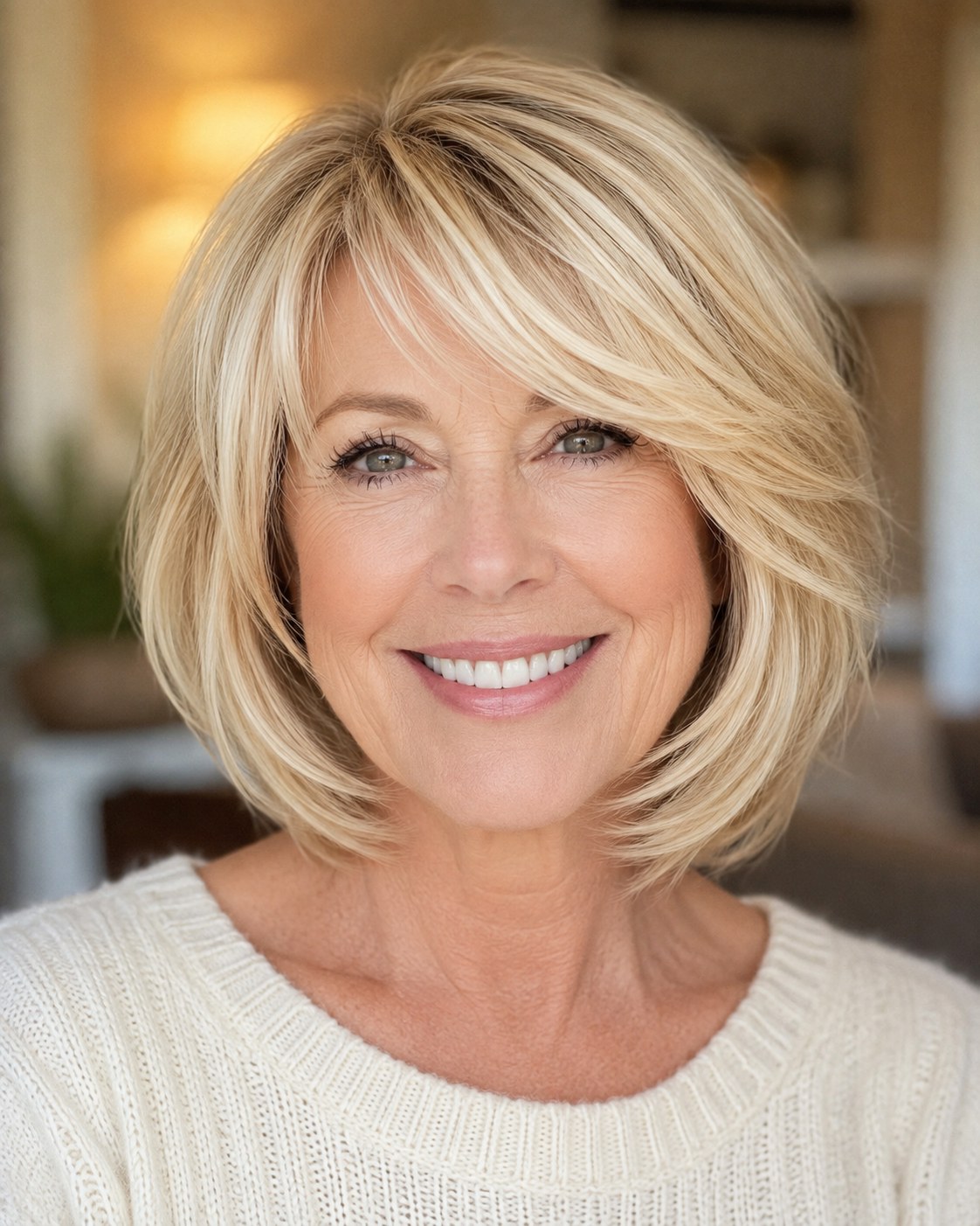 Bob mit Vollpony und sanften Wellen als freundliche Layered Bob Frisur ab 50