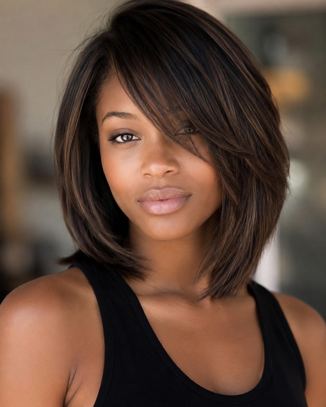 Glatter Longbob mit Seitenpony als elegante Variante der Layered Bob Frisuren ab 50