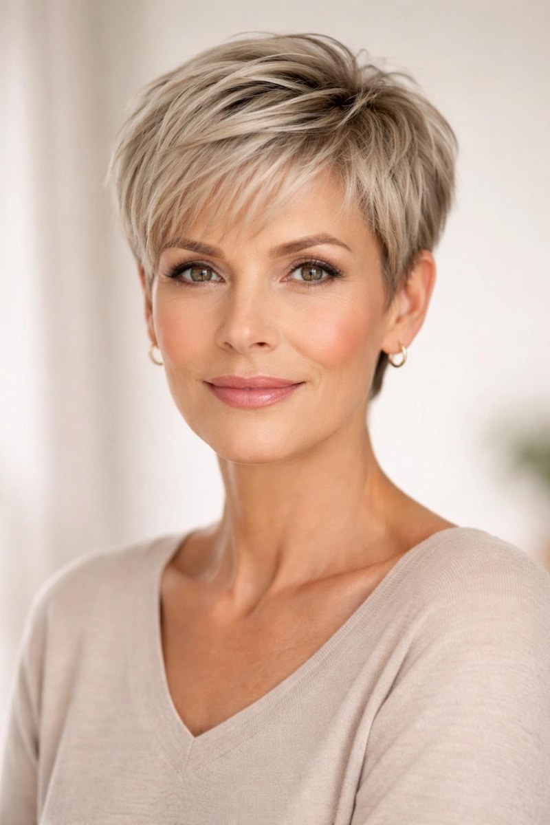 Pixie Cut Frauen ab 50 mit blondem Look