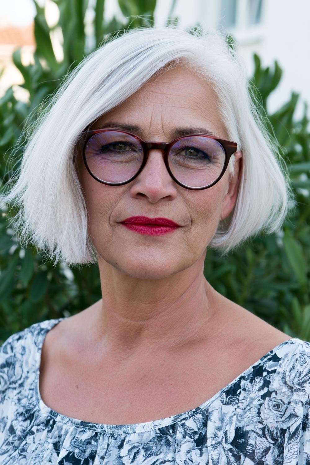 Eleganter Silber-Bob mit Statement-Brille