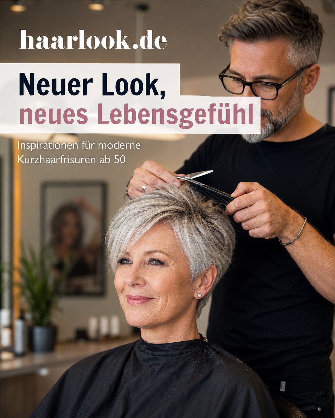 Friseur beim Schneiden eines modernen Kurzhaarschnitts als Inspiration für Frisuren ab 50