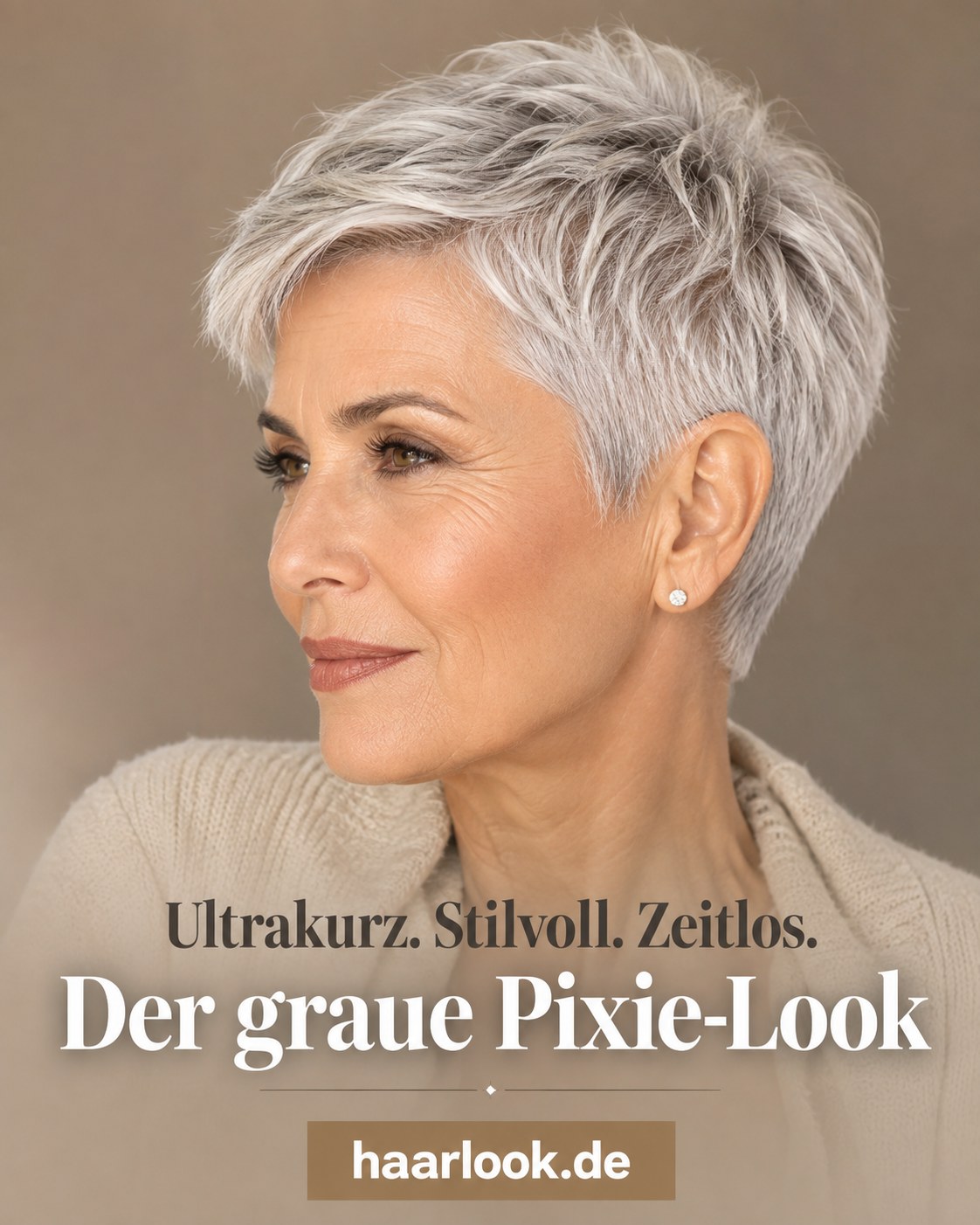 Ultrakurzer grauer Pixie-Look, ein zeitloses Beispiel für peppige Frisuren ab 50