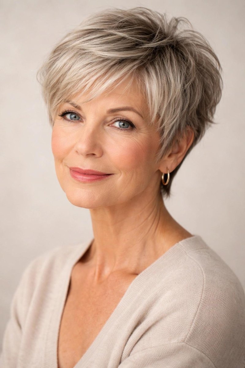 Pixie Cut Frauen ab 50 mit hellem feinem Haar