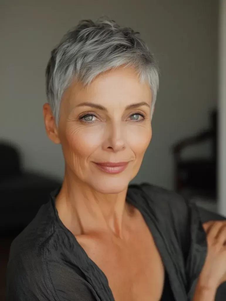 Pixie Cut mit grauen Haaren