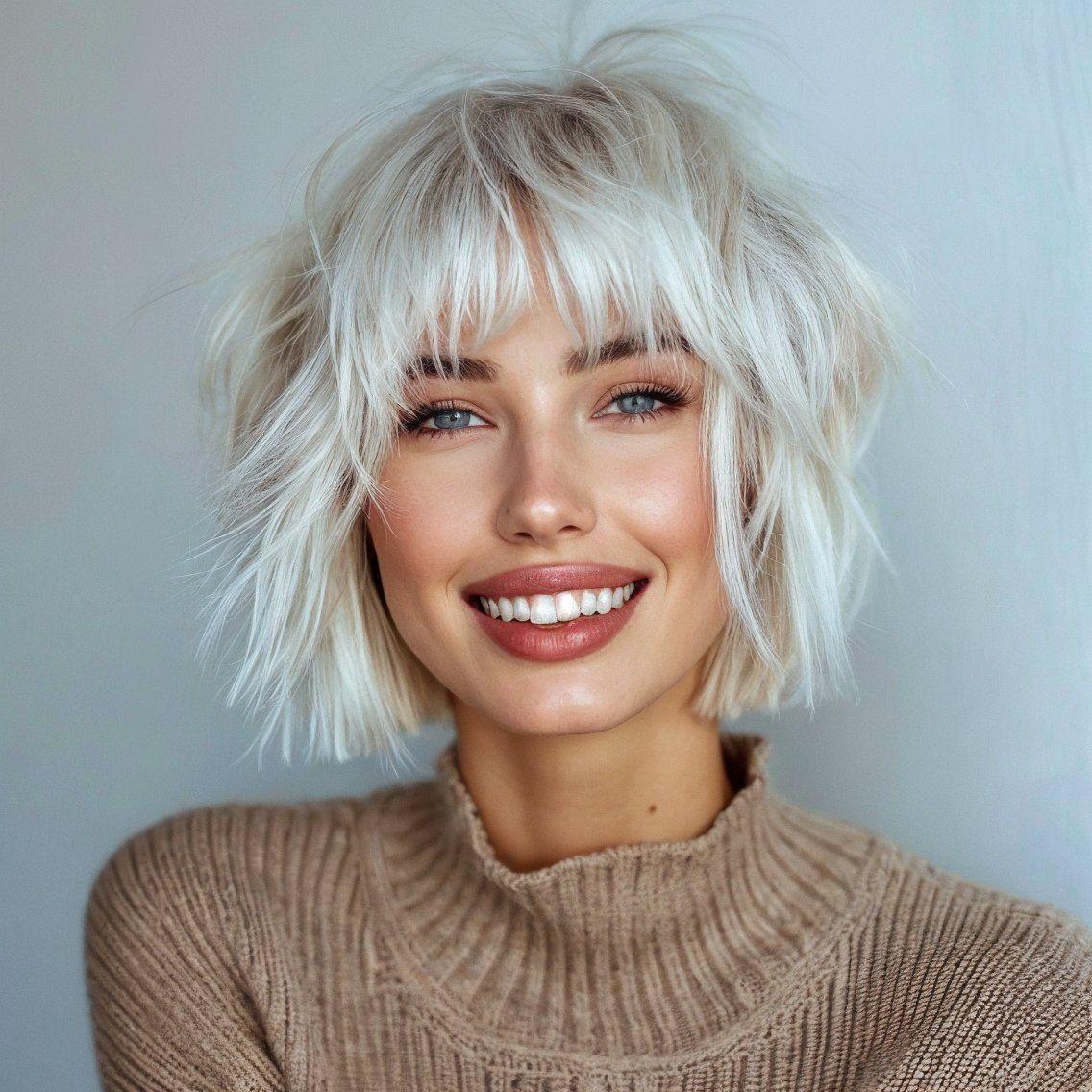 Platinblonder Bob mit kurzem Pony